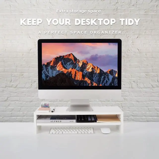 Alt view image 2 of 5 - BEYGORM Monitor Stand Riser, White, 21.6 inch, 2 Tiers Wood Desk Shelf