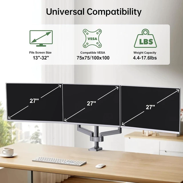 Alt view image 3 of 7 - Gas Spring Triple Monitor Desk Mount for Screens up to 27 inch