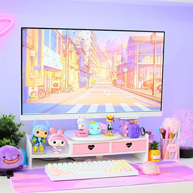 Alt view image 4 of 7 - Kawaii Desk Organizer Cute Desk Organizer with Drawers Monitor Riser Stand Monitor Riser Computer Stand for PC, Laptop, Printer