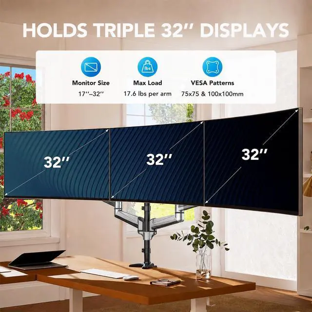 Alt view image 2 of 7 - HUANUO Gaming Triple Monitor Stand, Full Motion Articulating Triple Monitor Mount Fit 17 to 32 inch Flat/Curved LCD Computer Screens with Clamp, Grommet Kit, Silver