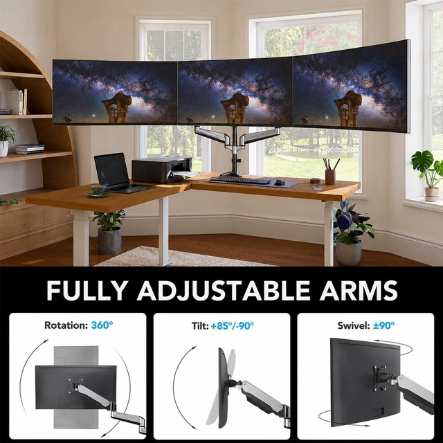 Alt view image 4 of 7 - HUANUO Gaming Triple Monitor Stand, Full Motion Articulating Triple Monitor Mount Fit 17 to 32 inch Flat/Curved LCD Computer Screens with Clamp, Grommet Kit, Silver