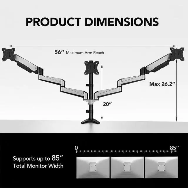Alt view image 3 of 7 - HUANUO Gaming Triple Monitor Stand, Full Motion Articulating Triple Monitor Mount Fit 17 to 32 inch Flat/Curved LCD Computer Screens with Clamp, Grommet Kit, Silver
