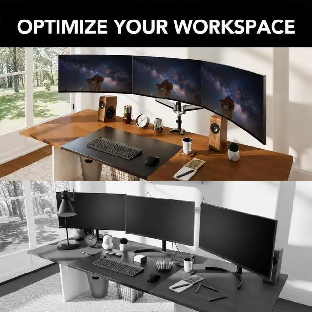 Alt view image 6 of 7 - HUANUO Gaming Triple Monitor Stand, Full Motion Articulating Triple Monitor Mount Fit 17 to 32 inch Flat/Curved LCD Computer Screens with Clamp, Grommet Kit, Silver