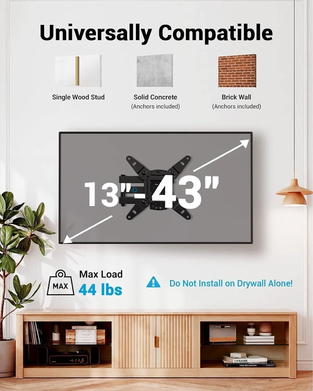 Alt view image 2 of 7 - Pipishell Full Motion TV Wall Mount for Echo Show 21/15 and 13-43 Inch Flat Curved Screen TVs & Monitors, Max VESA 200x200mm up to 44lbs, TV Mount Wall Bracket with Rotation Swivel Tilt Extension