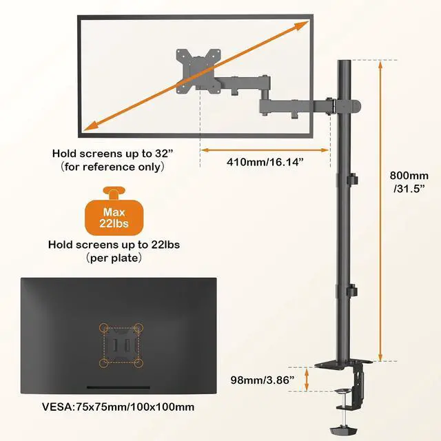 Alt view image 3 of 7 - Bracwiser Single Fully Adjustable Standing Height Monitor Arm Stand Mount 800mm Tall for Monitor Computer Screen 13 15 17 19 20 22 23 24 26 27 30 32 inch VESA 75 100 (MD7821)
