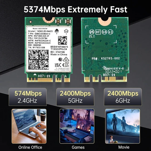 Alt view image 6 of 7 - AX210NGW WiFi 6E 5400Mbps for Intel AX210 Tri-Band BT5.3 M.2 2230 PC Laptop