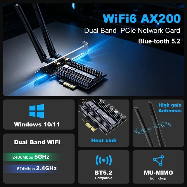 Alt view image 2 of 7 - WiFi 6 Gaming PCIe Card Low Latency 3000Mbps Bluetooth 5.2 Windows 11/10