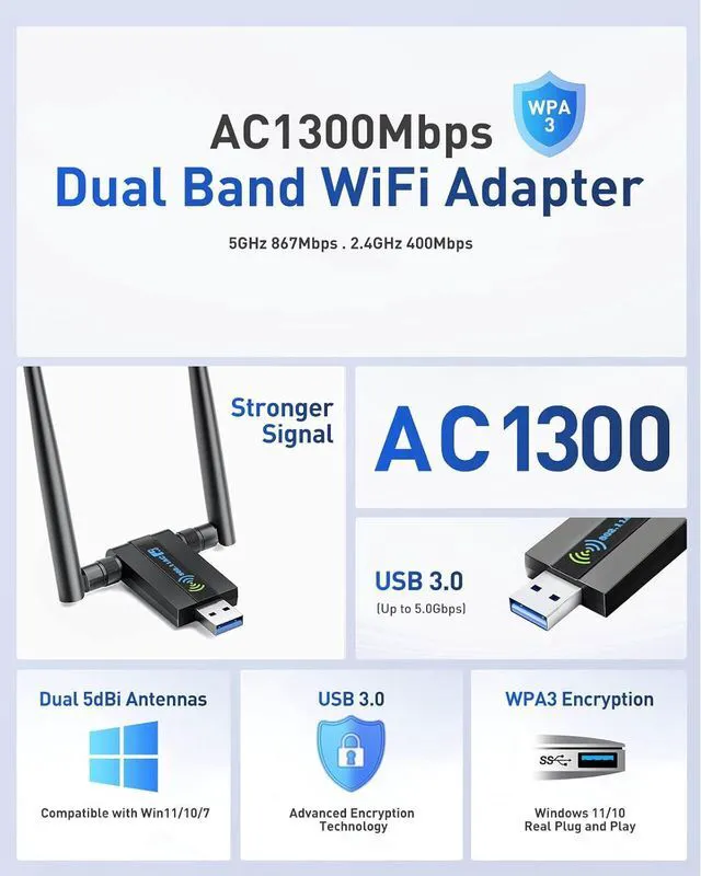 Alt view image 2 of 7 - Wireless USB WiFi Adapter for PC: 1300Mbps 5G/2.4G Dual 5dBi High-gain Antennas WiFi Adapter for Desktop PC, Wireless Network Dongle for Windows11/10/7