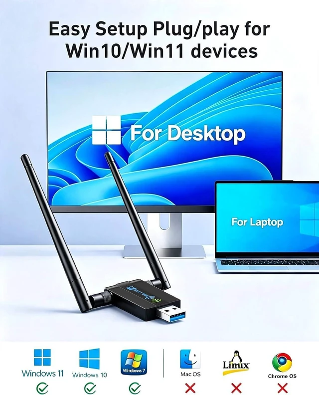 Alt view image 5 of 7 - Wireless USB WiFi Adapter for PC: 1300Mbps 5G/2.4G Dual 5dBi High-gain Antennas WiFi Adapter for Desktop PC, Wireless Network Dongle for Windows11/10/7