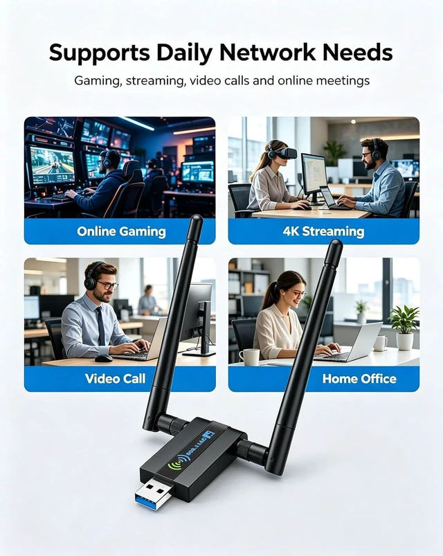 Alt view image 7 of 7 - Wireless USB WiFi Adapter for PC: 1300Mbps 5G/2.4G Dual 5dBi High-gain Antennas WiFi Adapter for Desktop PC, Wireless Network Dongle for Windows11/10/7