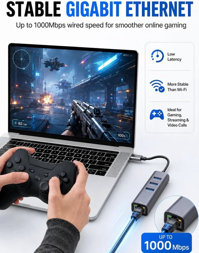 Alt view image 4 of 7 - ABLEWE 4-in-1 USB C Hub with Gigabit Ethernet Adapter, 3 USB 3.0 Ports