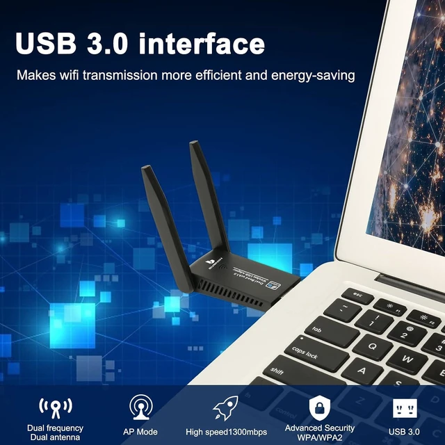 Alt view image 6 of 6 - WiFi Adapter for Desktop PC, 1300Mbps Dual 5Dbi Antennas, USB 3.0