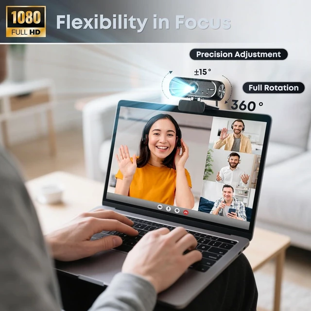 Alt view image 4 of 7 - 1080P HD Webcam with Microphone, Noise Cancellation, Privacy Cover, Wide-Angle Lens, Auto Light Correction, Plug & Play USB Webcam for Laptop, Desktop, PC, Mac, Zoom, Skype, Streaming (Black)