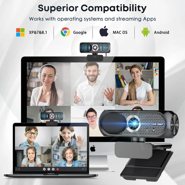 Alt view image 6 of 7 - 1080P HD Webcam with Microphone, Noise Cancellation, Privacy Cover, Wide-Angle Lens, Auto Light Correction, Plug & Play USB Webcam for Laptop, Desktop, PC, Mac, Zoom, Skype, Streaming (Black)