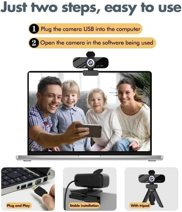 Alt view image 3 of 7 - Tewiky Full HD Webcam with Built-in Microphone and Rotatable Tripod, 1080P Video and Wide Angle Camera, Privacy Cover, for Desktop PC or Laptop Computer