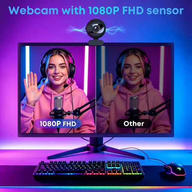 Alt view image 2 of 7 - Webcam for PC with Microphone - 1080P FHD Webcam with Privacy Cover, Noise Cancellation, Wide-Angle Lens, Auto Light Correction, Plug and Play USB Web Camera for Laptop, Desktop, PC, Mac, Zoom, Skype