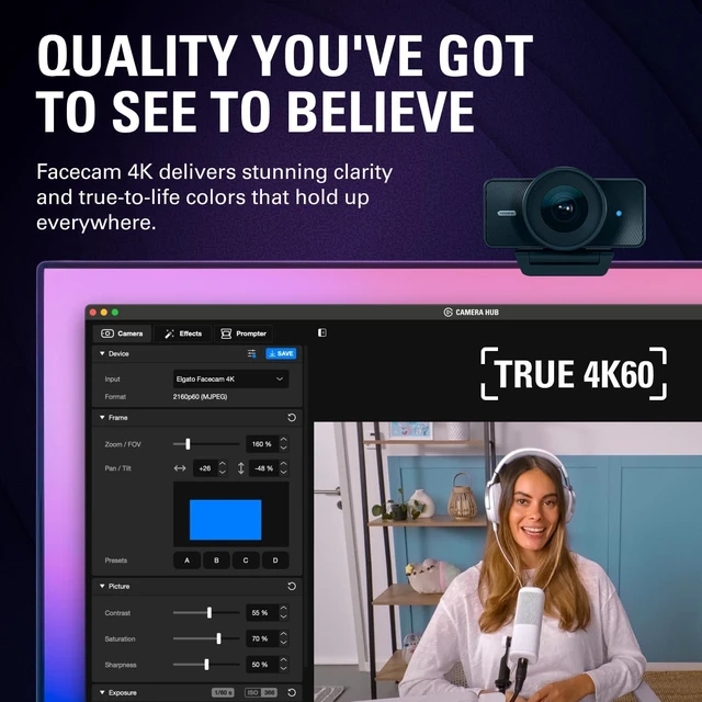 Alt view image 2 of 7 - Elgato Facecam 4K, 4K60 Studio Webcam, DSLR-Like Control