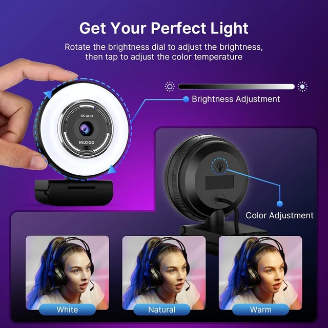 Alt view image 4 of 7 - NexiGo N680E Pro 4K Webcam with Ring Light, PDAF Autofocus, 1080p 60FPS, Dual Noise-Canceling Mics, Privacy Shutter, USB Plug-and-Play for Zoom, Teams, Twitch, Google Meet