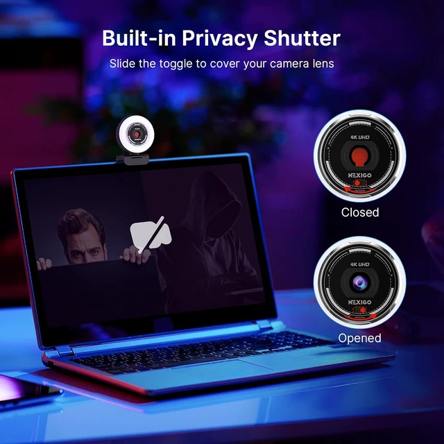 Alt view image 7 of 7 - NexiGo N680E Pro 4K Webcam with Ring Light, PDAF Autofocus, 1080p 60FPS, Dual Noise-Canceling Mics, Privacy Shutter, USB Plug-and-Play for Zoom, Teams, Twitch, Google Meet
