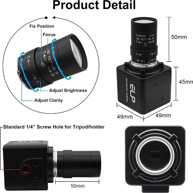Alt view image 6 of 7 - USB Camera 16 Megapixes High Resolution 5K USB Webcam with CS Mount 5-50mm Manual Varifocus Lens Close UP OpenCV Camera Free Driver Plug and Play for Windows Linux Laptop Jetson Nano