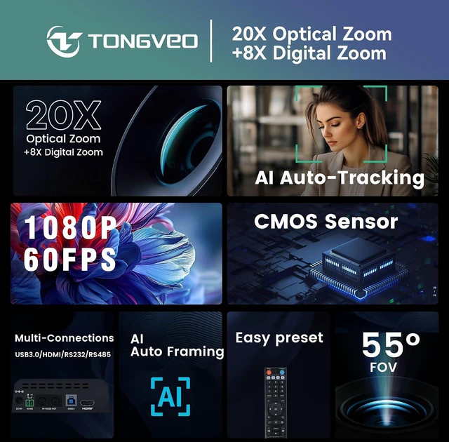 Alt view image 4 of 7 - TONGVEO Conference Room PTZ Camera System with 20X Optical Zoom, AI Auto Tracking 1080P 60fps HDMI USB Webcam for Church Streaming Online Video Conference,Compatible with Zoom, OBS Easy Setup1 pc