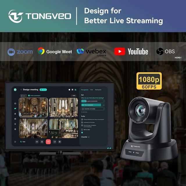 Alt view image 6 of 7 - TONGVEO Conference Room PTZ Camera System with 20X Optical Zoom, AI Auto Tracking 1080P 60fps HDMI USB Webcam for Church Streaming Online Video Conference,Compatible with Zoom, OBS Easy Setup1 pc