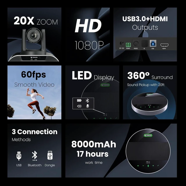 Alt view image 3 of 7 - 20x Zoom Conference Room Camera System TONGVEO All-in-1 Video and Audio Conferencing System 20X Optical Zoom USB3.0 HDMI PTZ Camera and Conference speaker with microphone Bundle for large Meeting Room