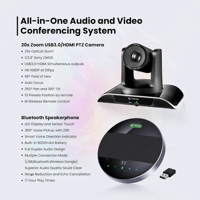 Alt view image 2 of 7 - 20x Zoom Conference Room Camera System TONGVEO All-in-1 Video and Audio Conferencing System 20X Optical Zoom USB3.0 HDMI PTZ Camera and Conference speaker with microphone Bundle for large Meeting Room