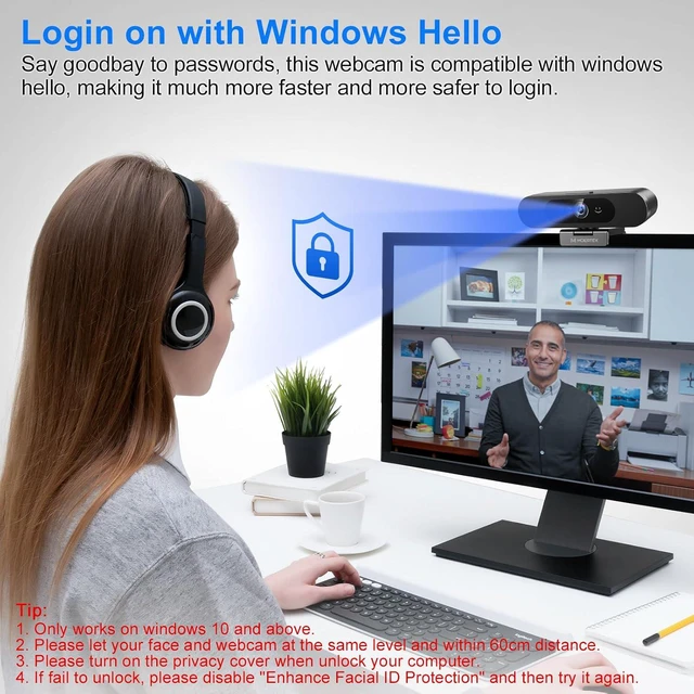 Alt view image 2 of 7 - 1080P Webcam with Window Hello, Noise-reducing Mic, Plug & Play, 90° Wide Angle, Built-in Privacy Cover, 360° Rotation & 90° Tilt, Perfect for Zoom, Google Meet, Microsoft Teams