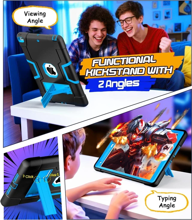 Alt view image 3 of 7 - Cantis Case for iPad 9th/8th/7th Generation, iPad 10.2 inch 2021/2020/2019, Slim Heavy Duty Shockproof Rugged Protective Case with Built-in Stand for Kids, 3 Layer Protective Cover, Black+Blue