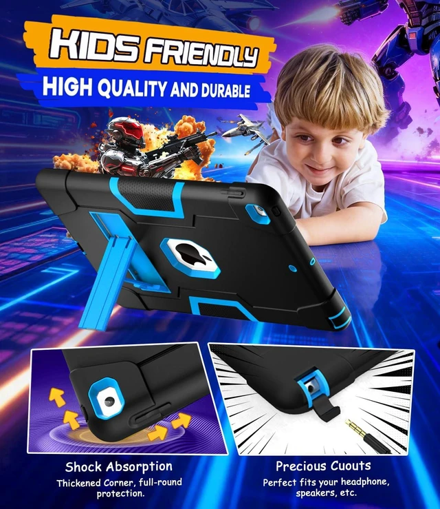 Alt view image 5 of 7 - Cantis Case for iPad 9th/8th/7th Generation, iPad 10.2 inch 2021/2020/2019, Slim Heavy Duty Shockproof Rugged Protective Case with Built-in Stand for Kids, 3 Layer Protective Cover, Black+Blue