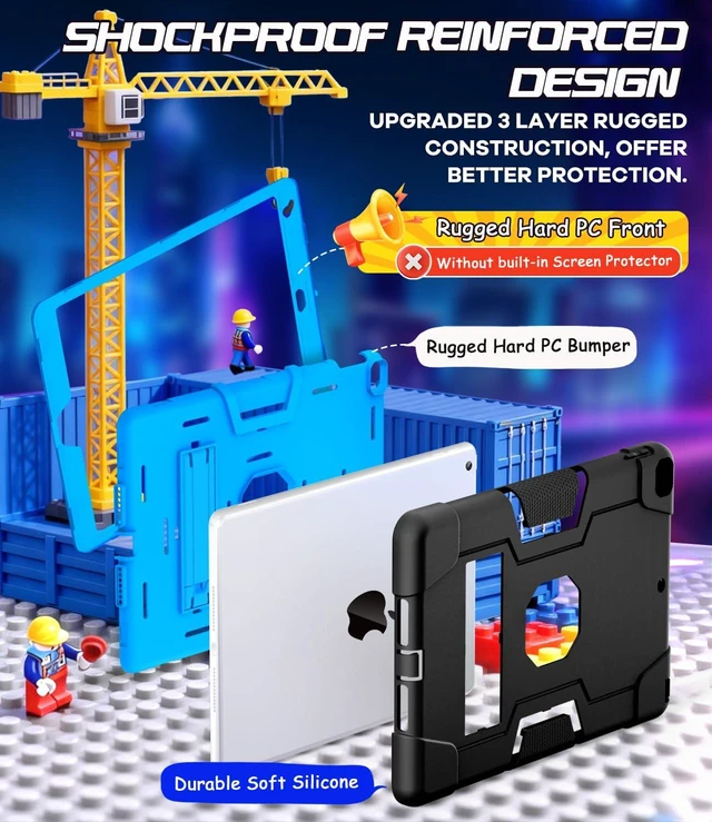 Alt view image 4 of 7 - Cantis Case for iPad 9th/8th/7th Generation, iPad 10.2 inch 2021/2020/2019, Slim Heavy Duty Shockproof Rugged Protective Case with Built-in Stand for Kids, 3 Layer Protective Cover, Black+Blue