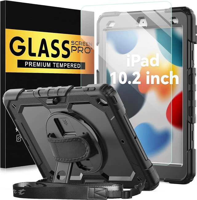 Main image of BLOSOMEET Case for iPad 9th/8th/7th Generation 2021/2020/2019 10.2 Inch with Tempered Glass Screen Protector & Pencil Holder,Protective Kids iPad 10.2 Case Cover w/Stand Hand Shoulder Strap,Black