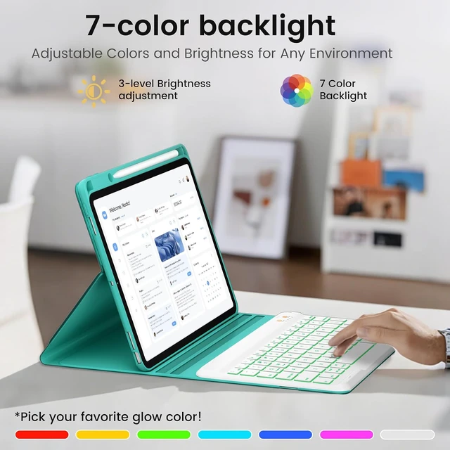 Alt view image 7 of 7 - BLUTLOTUS Keyboard Case for iPad 9th/8th/7th Generation 10.2 inch 2021/2020/2019, iPad Pro 10.5-inch Case with Keyboard,iPad Air 3 2019, 7 Color Backlit Removable Wireless Keyboard Folio Case(Teal)