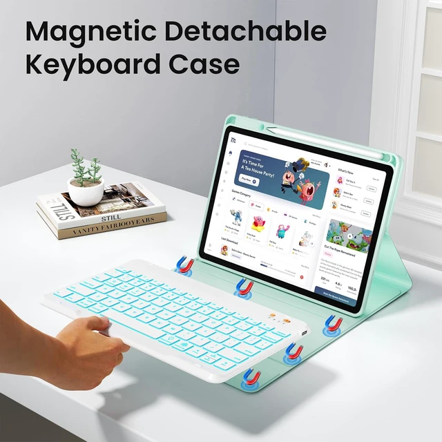 Alt view image 4 of 7 - iPad 7th/8th/9th Generation Case with Keyboard 10.2-inch 2019/2020/2021, iPad Air 3rd/Pro 10.5-inch 2017 Compatible, 7 Color Backlit Keyboard BT/Wireless/Detachable with Pencil Holder (Mint Green)