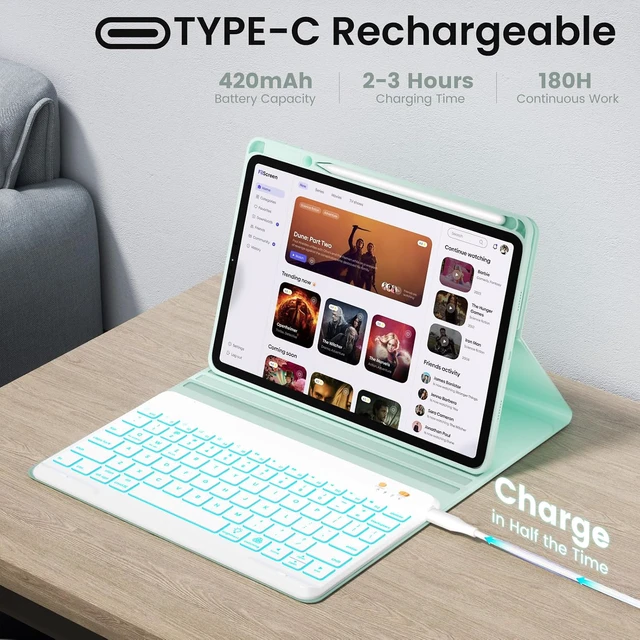 Alt view image 6 of 7 - iPad 7th/8th/9th Generation Case with Keyboard 10.2-inch 2019/2020/2021, iPad Air 3rd/Pro 10.5-inch 2017 Compatible, 7 Color Backlit Keyboard BT/Wireless/Detachable with Pencil Holder (Mint Green)