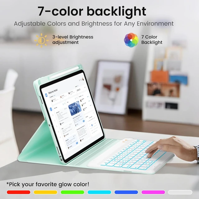 Alt view image 7 of 7 - iPad 7th/8th/9th Generation Case with Keyboard 10.2-inch 2019/2020/2021, iPad Air 3rd/Pro 10.5-inch 2017 Compatible, 7 Color Backlit Keyboard BT/Wireless/Detachable with Pencil Holder (Mint Green)