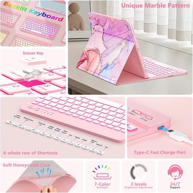 Alt view image 5 of 7 - FUWANG for iPad 9th/8th/7th Generation Case with Keyboard 10.2 inch, Pink
