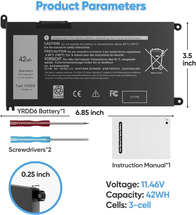Alt view image 3 of 7 - 42Wh 11.4V YRDD6 1VX1H Laptop Battery for Dell Inspiron 5480 5481 5482 5485 5491 5493 5585 5590 5591 5593 5594 5598 7586 3582 3583 3593 3584 14 3493 3793 Vostro 3491 5581 5490 P93G001 VM732 0YRDD6