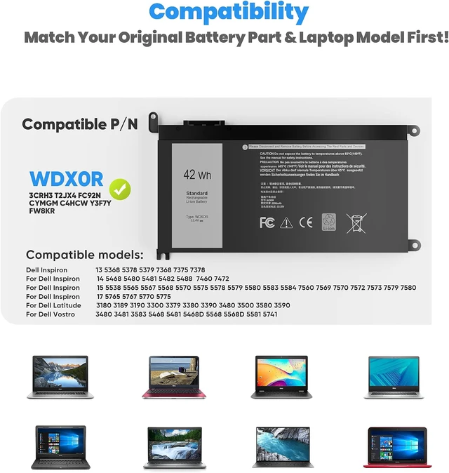 Alt view image 2 of 7 - 42Wh WDX0R WDXOR 11.4V Battery for Dell Inspiron 13 7375 7368 7378 5368 5378 5379 P69G 15 7573 7579 7560 7570 7569 5570 5567 5565 5568 5578 5579 5575 17 5765 5767 5770 5775 P58F P66F P75F FW8KR CYMGM