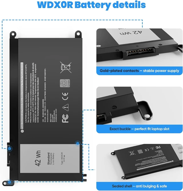 Alt view image 5 of 7 - 42Wh WDX0R WDXOR 11.4V Battery for Dell Inspiron 13 7375 7368 7378 5368 5378 5379 P69G 15 7573 7579 7560 7570 7569 5570 5567 5565 5568 5578 5579 5575 17 5765 5767 5770 5775 P58F P66F P75F FW8KR CYMGM
