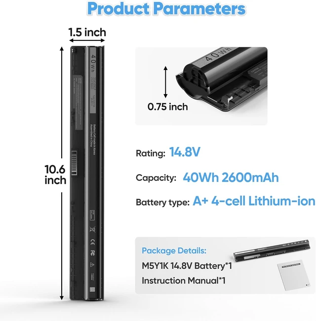 Alt view image 3 of 7 - 40Wh M5Y1K 14.8V Battery for Dell Inspiron 14 15 17 5000 3000 Series 5559 5558 5566 3551 3451 3558 3552 i3558 3567 5755 5756 5458 5759 5758 5759 VN3N0 HD4J0 GXVJ3 P51F P63F P47F P52F 453-BBBQ P64G