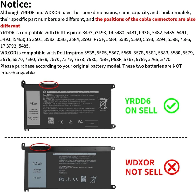 Alt view image 3 of 7 - 42Wh YRDD6 Battery for Dell Inspiron 15 3582 3583 3584 P75F 3593 5584 5585