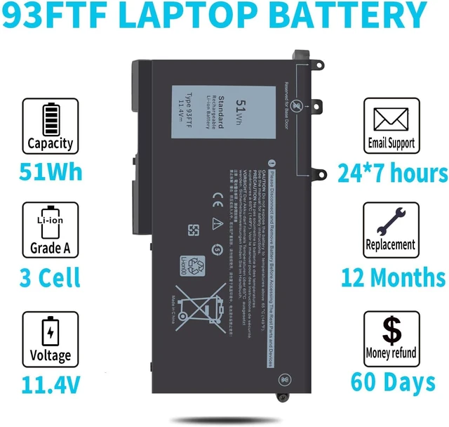 Alt view image 5 of 6 - 51Wh Type 93FTF Battery for Dell Latitude 5580 5480 5280 5590 5490 5491 5290 5288 5488 5495 5591 E5580 E5480 E5280 E5590 E5490 E5290 E5591 E5491 Precision 15 3520 3530 D4CMT 83XPC 4YFVG 451-BBZT 11.4V