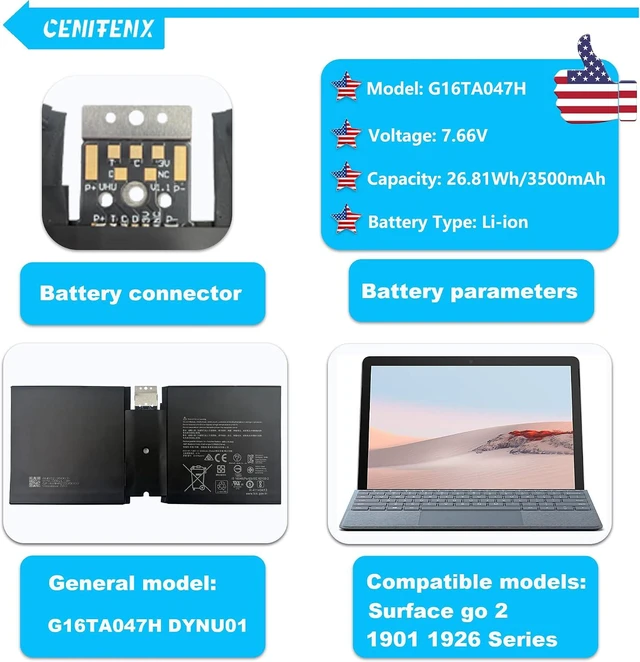 Alt view image 2 of 7 - G16TA047H Battery Replacement for Microsoft Surface Go 2 Model 1901 1926 10.5-Inch Tablet PC Series Battery (7.66V,26.81Wh,3500mAh) with Tools