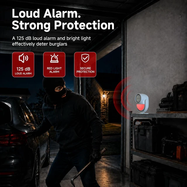 Alt view image 3 of 7 - CPVAN 125dB Motion Sensor Alarm, Wireless Indoor PIR Motion Detector with 328ft Remote, 40ft Detection Range, Battery Operated Siren for Home Garage Van Shed, CP2 Pro White