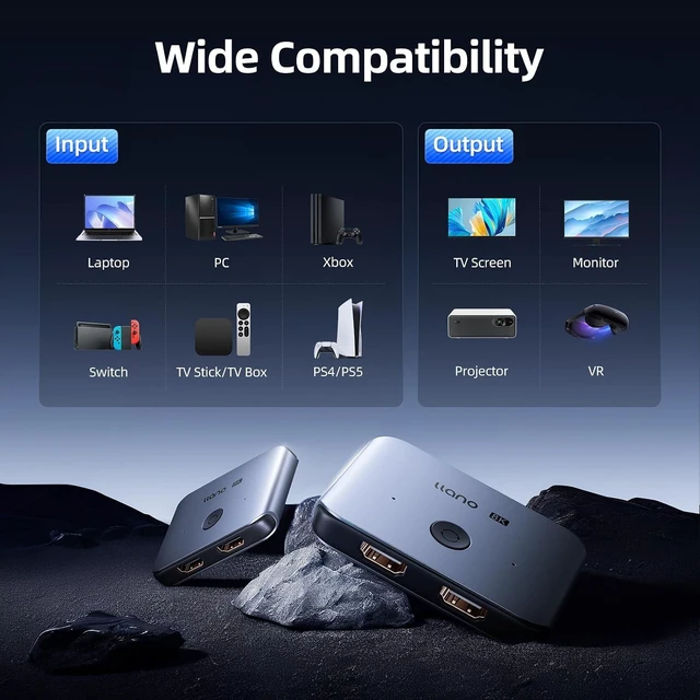 Alt view image 7 of 7 - llano HDMI 2.1 Switch 2 in 1 Out 8K@60Hz 4K@120Hz, HDMI Switcher 48Gbps Bidirectional, Supports VRR HDR10 Dolby Atmos, for PS5 Xbox Apple TV Roku Switch 2, Aluminum Alloy Case