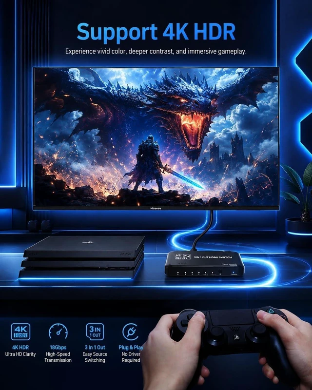 Alt view image 4 of 7 - 4k HDR HDMI Switch, Koopman 4 Ports HDMI 2.0 Switcher Selector with IR Remote Control, Supports HDCP 2.2 4K@60Hz UltraHD HDR10 3D HD1080P Dolby DST, HDMI Splitter for PS4 Xbox Apple TV Fire Stick
