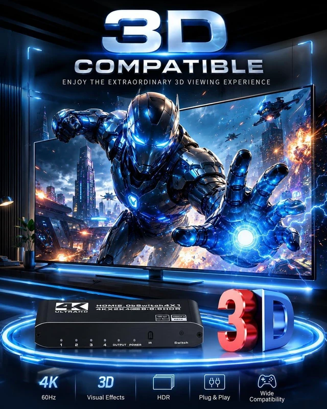 Alt view image 6 of 7 - 4k HDR HDMI Switch, Koopman 4 Ports HDMI 2.0 Switcher Selector with IR Remote Control, Supports HDCP 2.2 4K@60Hz UltraHD HDR10 3D HD1080P Dolby DST, HDMI Splitter for PS4 Xbox Apple TV Fire Stick