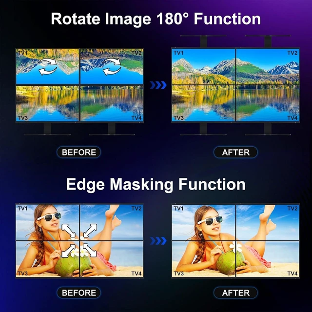 Alt view image 3 of 7 - PORTTA HDMl Video Wall Controller 2x2 4K, Video Wall Processor with 11 Splicing Modes, RS232, 180° Rotate, Audio Extractor, 2x2,1x2,1x3,1x4,2x1,3x1x4x1, 4 tv Screens into 1 wall Display